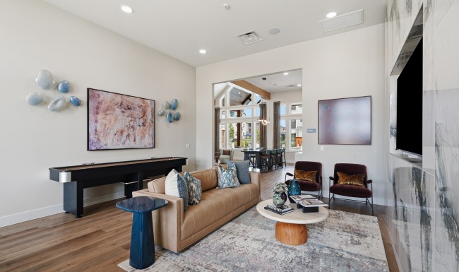 game lounge with billiards, tv, couches, chairs and shuffleboard